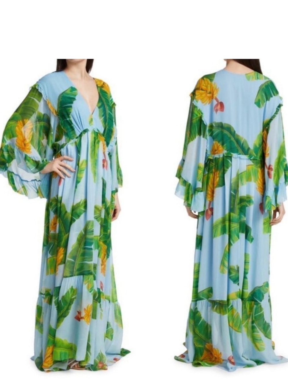 Light Blue Tropical Banana Maxi Dress with Green Leaf Print - Farm Rio